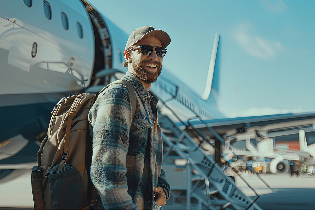 Portrait of young happy young man tourist coming down the stairs from an airplane on a sunny day